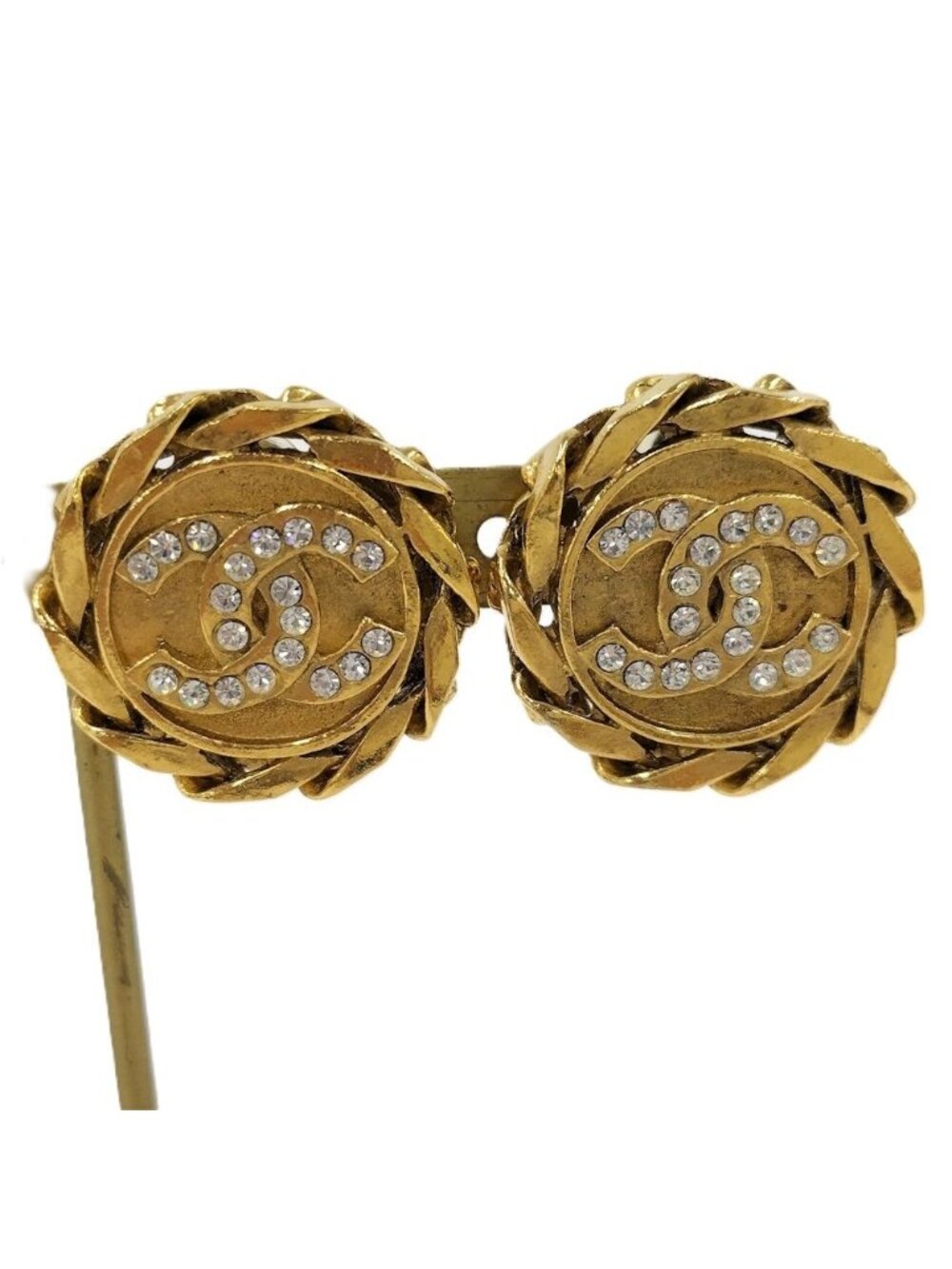 Chanel CC Logo Stone Earrings Gold Plated